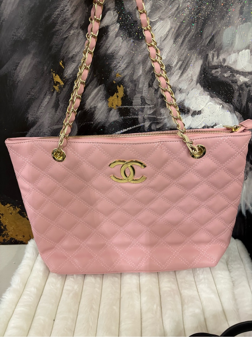 & Other Stories Pink Quilted Tote with Gold Hardware